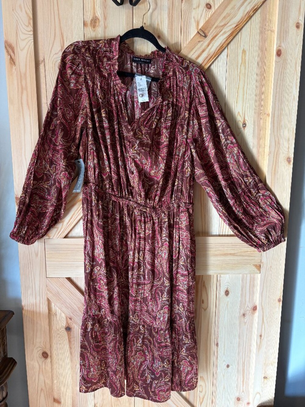 Lane Bryant Paisley Dress Size 16 Boho Long Sleeve Tie Neck Midi Brown Pink NWT